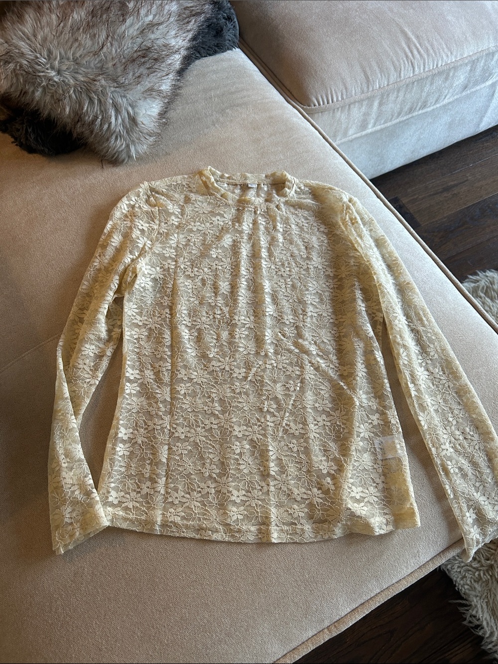 Sheer Floral Lace Long Sleeve Top - Cream